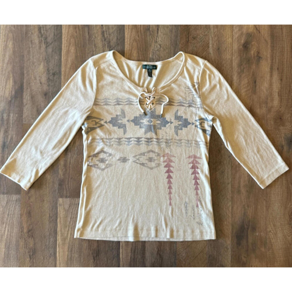 Lauren Ralph Lauren Southwestern Aztec Tribal Pattern Cotton Top Beige Medium
